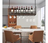 [en.casa] Portabottiglie Sospeso da Soffitto con Mensola in MDF e Struttura in Metallo con Binari per Calici e Ganci per Tazze 100 x 30 x 65 cm Nero/Effetto Noce