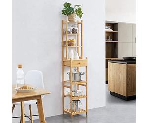 [en.casa] Scaffale a Torre in Bambù (AxLxP) 163 x 33 x 28 cm Mobile a Terra con Cassetto e 7 Ripiani Organizzatore Portaoggetti per Cucina/Bagno