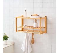 [en.casa] Scaffale da Parete in Bambù Mensola da Muro 2 Ripiani a Doghe Barra Porta Asciugamano e Ganci Scaffale Rettangolare per Bagno Cucina - color Naturale