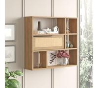 [en.casa] Scaffale da Parete Scaffale Pensile Espositore con 6 Scomparti Anta a Ribalta Mensola da Muro Rettangolare 90 x 22 x 81 cm Effetto Rovere/Rattan
