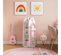 [en.casa] Scaffale Girevole per Cameretta a Forma di Casetta Libreria Rotante per Bambini con Ripiani e Porta Libri Laterali 108x40x40 cm Rosa/Bianco