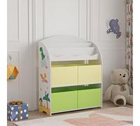 [en.casa] Scaffale per Cameretta con Contenitori a Scaletta Libreria 4 Scatole Pieghevoli Porta Giochi Mobile a Misura di Bimbi 97,5 x 82,5 x 29,5 cm Motivo Dinosauro - Verde/Giallo
