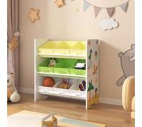 [en.casa] Scaffale Portaoggetti Montessori per Bambini Mobile Contenitore per Cameretta con 9 Cassetti Inclinati in Tessuto e Struttura Decorata 60x62x30 cm Design Dinosauro