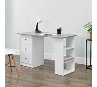 en.casa Scrivania per PC - 3 ripiani, 3 cassetti, 120x49x72 cm - Bianco/Grigio chiaro