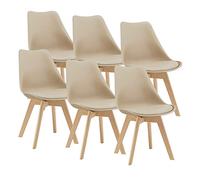 [en.casa] Set 6 Sedie con Gambe in Legno di Faggio e Scocca Rivestita in Similpelle Seduta Imbottita Design Ergonomico per Sala Pranzo Cucina Ufficio - Beige