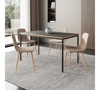 [en.casa] Set da Pranzo Tavolo con Piano Rettangolare 140x80 cm Grigio con Bordi in Effetto Rovere e 4 Sedie Imbottite con Rivestimento in Tessuto Marrone Chiaro