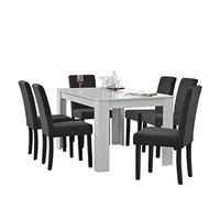 [en.casa] Set da Pranzo Tavolo con Piano Rettangolare 140x90 cm Bianco e 6 Sedie Imbottite con Rivestimento in Tessuto Grigio per Sala Soggiorno Cucina