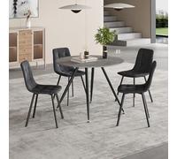 [en.casa] Set da Pranzo Tavolo con Piano Rotondo Ø100 cm Effetto Cemento con 4 Sedie Imbottite con Rivestimento in Effetto Velluto Grigio Scuro