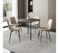 [en.casa] Set da Pranzo Tavolo con Piano Rotondo Ø100 cm Grigio con Bordo in Effetto Rovere e 4 Sedie con Rivestimento in Tessuto Marrone Chiaro Set da Cucina Sala