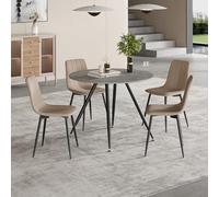 [en.casa] Set da Pranzo Tavolo con Piano Rotondo Ø100 cm in Effetto Cemento e 4 Sedie Imbottite con Rivestimento in Tessuto Marrone Chiaro