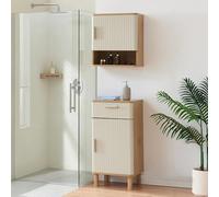 [en.casa] Set di 2 Mobili da Bagno Armadietto da Terra con Anta e Cassetto Pensile Sospeso a Parete con Vano Aperto e Ripiani - Effetto Rovere/Avena Oatmeal