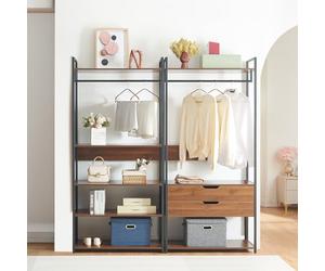 [en.casa] Set di 2 Mobili Organizzatori Guardaroba con Barre Appendiabiti Ripiani e 2 Cassetti Mobili Porta Abiti per Camera da Letto Cabina Armadio - Nero/Effetto Noce