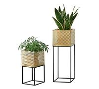 [en.casa] Set di 2 Portavasi in Metallo di Forma Rettangolare Supporto Nero per Piante con Coprivaso in Color Oro in 2 Altezze e Misure Diverse