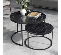 [en.casa] Set di 2 Tavolini da Salotto Sovrapponibili con Piano Rotondo in Truciolare e Telaio in Metallo Tavoli Bassi Salvaspazio - Effetto Marmo Nero/Nero