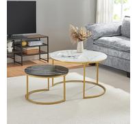 [en.casa] Set di 2 Tavolini Sovrapponbili Tavoli Bassi da Salotto con Piano Rotondo Tavolini da Caffè in Misure Diverse Base Semicircolare in Metallo - Effetto Marmo Bianco e Nero/Color Oro