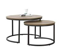 [en.casa] Set di 2 Tavolini Sovrapponbili Tavoli Bassi da Salotto con Piano Rotondo Tavolini da Caffè in Misure Diverse Base Semicircolare in Metallo - Effetto Legno Scuro/Nero