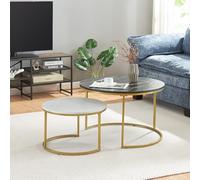 [en.casa] Set di 2 Tavolini Sovrapponbili Tavoli Bassi da Salotto con Piano Rotondo Tavolini da Caffè in Misure Diverse Base Semicircolare in Metallo - Effetto Marmo Nero e Bianco/Color Oro