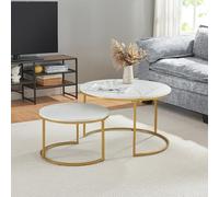 [en.casa] Set di 2 Tavolini Sovrapponbili Tavoli Bassi da Salotto con Piano Rotondo Tavolini da Caffè in Misure Diverse Base Semicircolare in Metallo - Effetto Marmo Bianco/Oro