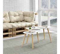 [en.casa] Set di 2 Tavolini Sovrapponibili con Piano Triangolare in MDF Bianco e Gambe in Legno di Pino Naturale Design Moderno Salvaspazio per Soggiorno Salotto
