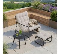 [en.casa] Set di 3 Mobili da Giardino Grigio Scuro/Grigio | Tavolino Rotondo, Poltrona e Poggiapiedi, Con Cuscini Imbottiti, per Balcone Terrazzo Veranda Outdoor, Telaio in Acciaio