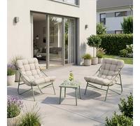 [en.casa] Set di 3 Mobili da Giardino Tavolino Rettangolare a Piano in Vetro e 2 Poltrone con Cuscino Set Salotto di 3 Pezzi da Esterno per Balcone Terrazzo Veranda - Verde Chiaro/Beige