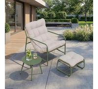 [en.casa] Set di 3 Mobili da Giardino Tavolino Rotondo Poltrona e Poggiapiedi con Cuscini Set di 3 Pezzi da Esterno per Balcone Terrazzo Veranda - Verde Chiaro/Grigio