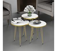 [en.casa] Set di 3 Tavolini Bassi da Salotto - Tavolini in Altezze Diverse Gambe a Forcina in Metallo Piano Rotondo - Bianco/Oro