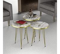 [en.casa] Set di 3 Tavolini Bassi da Salotto - Tavolini in Altezze Diverse Gambe a Forcina in Metallo Piano Rotondo - Marmo Bianco/Oro
