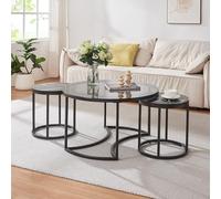 [en.casa] Set di 3 Tavolini da Salotto in Dimensioni Diversi Tavolini da caffè Sovrapponibili Telaio in Metallo Nero Piani Rotondi in Vetro Fumè e MDF Effetto Marmo Nero