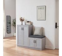 [en.casa] Set di Armadio Scarpiera e Panca Contenitore con Seduta Imbottita Mobile Portascarpe Ante a Persiana e Ripiani Inclinati 97 x 120 x 36 cm MDF Grigio