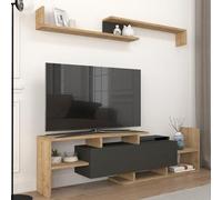 [en.casa] Set di Mobile Porta TV e Mensola da Parete Stand Multimediale con Scomparto Chiuso e Vani Aperti Pensile a 2 Ripiani Soggiorno Camera da Letto - Effetto Rovere Zaffiro/Nero