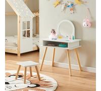 [en.casa] Set di Tavolo da Trucco e Sgabello per Cameretta Tavolino da Toeletta con Specchio e Vano Portaoggetti Scrivania per Bambini con Scomparto - Bianco/Naturale