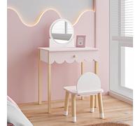 [en.casa] Set di Tavolo da Trucco per Cameretta con Specchio Rotondo e Sedia Tavolino da Toeletta Scrivania con Cassetto e Sgabello per Bambini - Rosa/Bianco