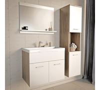[en.casa] Set Mobili da Parete per Bagno Mobile Sottolavabo con Lavabo in Ceramica Armadio a Colonna a 2 Ante e Vano Aperto Specchio Rettangolare con Mensola - Effetto Rovere/Bianco