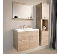 [en.casa] Set Mobili da Parete per Bagno Mobile Sottolavabo con Lavabo in Ceramica Armadio a Colonna a 2 Ante e Vano Aperto Specchio Rettangolare con Mensola - Effetto Rovere