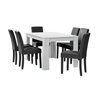 [en.casa] Set Pranzo con Tavolo in MDF 140x90 cm e 6 Sedie Imbottite in Similpelle - Set Elegante per Sala da Pranzo e Cucina - Bianco/Grigio Scuro