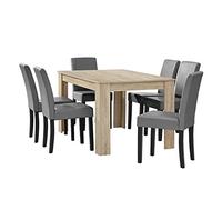 [en.casa] Set Pranzo con Tavolo in MDF 140x90 cm e 6 Sedie Imbottite in Similpelle - Set Elegante per Sala da Pranzo e Cucina - Effetto Rovere Chiaro/Grigio Chiaro
