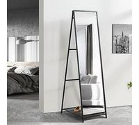 [en.casa] Specchio da Terra a Figura Intera Specchio Rettangolare Specchio da Pavimento con Ripiano Struttura Pieghevole in Metallo Nero