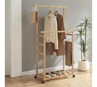 [en.casa] Stand Appendiabiti con Rotelle Organizzatore Guardaroba con Barre Porta Abiti Ripiano Struttura Aperta in Bambù con Ruote 147 x 70 x 36 cm