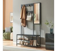 [en.casa] Stand Appendiabiti con Specchio Panca Integrata e 2 Ripiani per Scarpe Attaccapanni da Terra con Ganci Scarpiera e Seduta 185 x 98 x 34 cm Ingresso Guardaroba - Nero