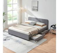 [en.casa] Struttura Letto Matrimoniale con Testiera Imbottita e 4 Cassetti Contenitore su Rotelle Zona di Riposo 160x200 cm Rivestito in Tessuto Grigio