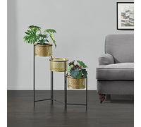 [en.casa] Supporto per Piante con 3 Coprivasi - Costruzione Pieghevole in Nero con 3 Portapiante di Forma Cilindrica in Color Ottone - Struttura a 3 Livelli, Salvaspazio