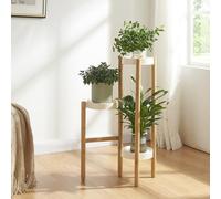 [en.casa] Supporto per Piante Scaletta Portafiori a 3 Livelli Porta Piante da Interno 78x52x25 cm Portapiante in bambù con Sottovasi in Plastica Bianca