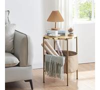 [en.casa] Tavolino Basso da Divano (AxØ) 59 x 47 cm Tavolino da caffè con Cesto Contenitore in Tessuto e Piano Rotondo - Color Oro