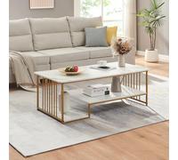 [en.casa] Tavolino Centrale da Salotto Tavolino da caffè con Ripiani in MDF Telaio in Acciaio Tavolo Basso Elegante per Soggiorno 120x60x42 cm Effetto Marmo Bianco/Dorato
