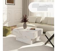 [en.casa] Tavolino da Caffè con Piano Rettangolare Scorrevole e 2 Scomparti Tavolo Basso Centrale da Salotto a 2 Vani Portaoggetti Chiusi 80 x 60 x 36 cm per Soggiorno - Effetto Marmo Bianco