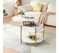[en.casa] Tavolino da Caffè con Piano Rotondo Sollevabile e Scomparto Chiuso Tavolo Centrale da Salotto Apribile Trasformabile Vano Ripiano (ØxA):70 x 49 cm - Effetto Marmo Bianco