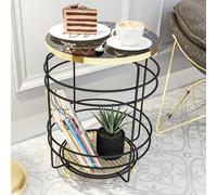 [en.casa] Tavolino da Divano 55 x 40 cm Tavolo Basso con Telaio Circolare in Metallo Nero e Piano Rotondo in Effetto Marmo Nero Ripiano a Griglia Dorato