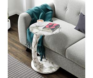 [en.casa] Tavolino da Divano (AxØ) 56 x 38 cm Tavolino Basso a Forma di C - Consolle con 4 Rotelle e Piano Rotondo - Effetto Marmo Bianco Crema