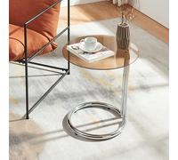 [en.casa] Tavolino Laterale con Piano Rotondo in Vetro Temperato (AxØ) 46x45 cm Tavolino Rotondo da Caffè con Telaio in Metallo Soggiorno Salotto - Cromo/Vetro Fumé Ambra